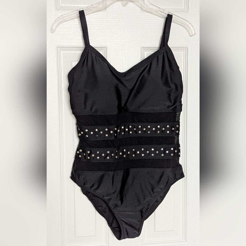 Simon Chang Women's (10) Black Swimsuit/Bathing Suit w/ Mesh & Gold Stud Accents